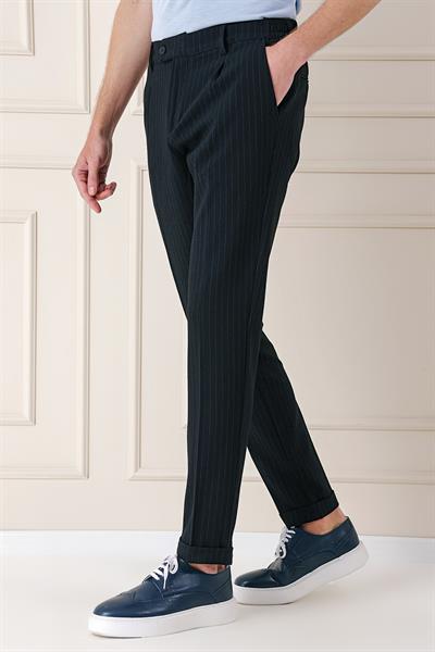 Comfort Fit Pileli İtalyan Çizgili Esnek Pamuk Casual Siyah Pantolon  P 1156