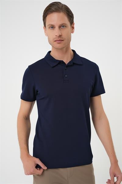 Comfort Fit Esnek Pamuk Düğmeli Lacivert Polo Yaka Tişört Ts 886