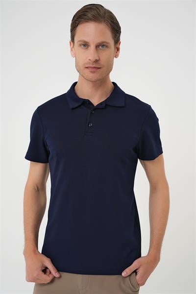 Comfort Fit Esnek Pamuk Düğmeli Lacivert Polo Yaka Tişört Ts 886