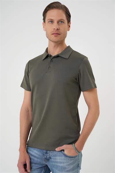 Comfort Fit Esnek Pamuk Düğmeli Haki Polo Yaka Tişört Ts 886