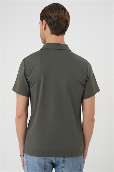 Comfort Fit Esnek Pamuk Düğmeli Haki Polo Yaka Tişört Ts 886