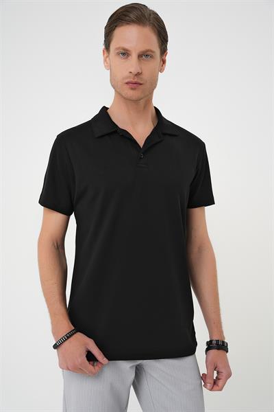 Comfort Fit Esnek Pamuk Düğmeli Siyah Polo Yaka Tişört Ts 886