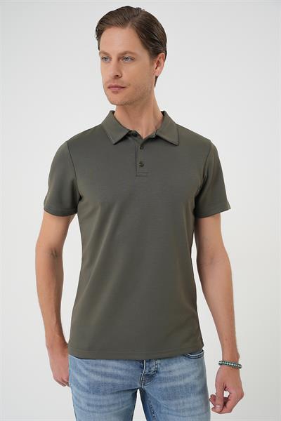 Comfort Fit Esnek Pamuk Düğmeli Haki Polo Yaka Tişört Ts 886