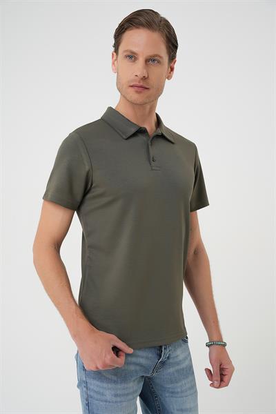 Comfort Fit Esnek Pamuk Düğmeli Haki Polo Yaka Tişört Ts 886