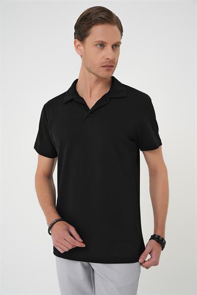 Comfort Fit Esnek Pamuk Düğmeli Siyah Polo Yaka Tişört Ts 886