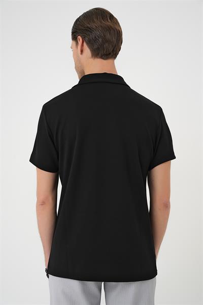 Comfort Fit Esnek Pamuk Düğmeli Siyah Polo Yaka Tişört Ts 886