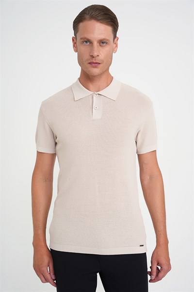 Comfort Fit Polo Yaka Kısa Kollu Bej Triko Tr 883