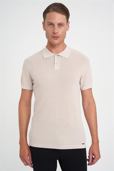Comfort Fit Polo Yaka Kısa Kollu Bej Triko Tr 883
