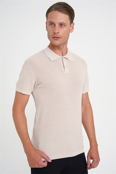 Comfort Fit Polo Yaka Kısa Kollu Bej Triko Tr 883