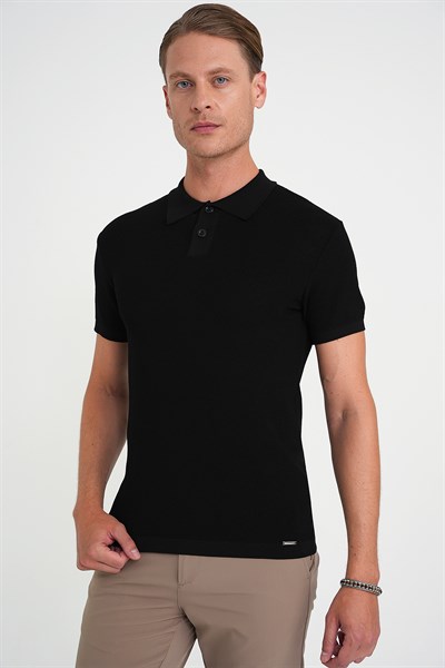Comfort Fit Polo Yaka Kısa Kollu Siyah Triko Tr 883