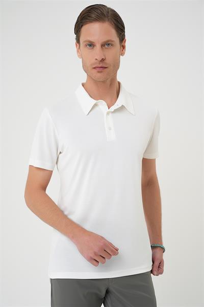 Comfort Fit Polo Yaka Modal Karışım Kısa Kol Casual Ekru Tişört Ts 903