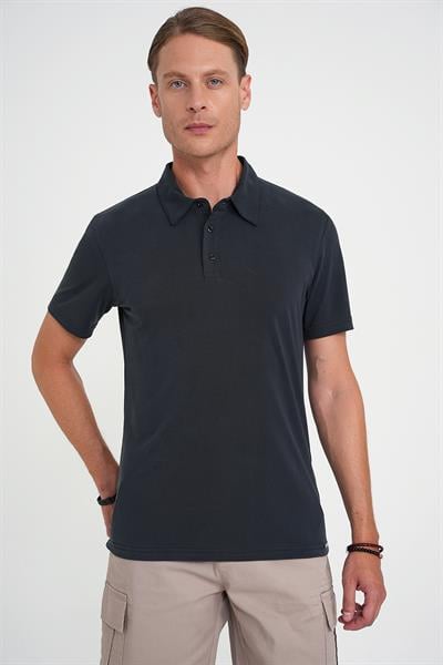 Comfort Fit Polo Yaka Modal Karışım Kısa Kol Casual Siyah Tişört Ts 903