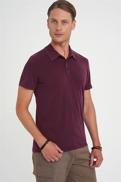 Comfort Fit Polo Yaka Modal Karışım Kısa Kol Casual Mürdüm Tişört Ts 903