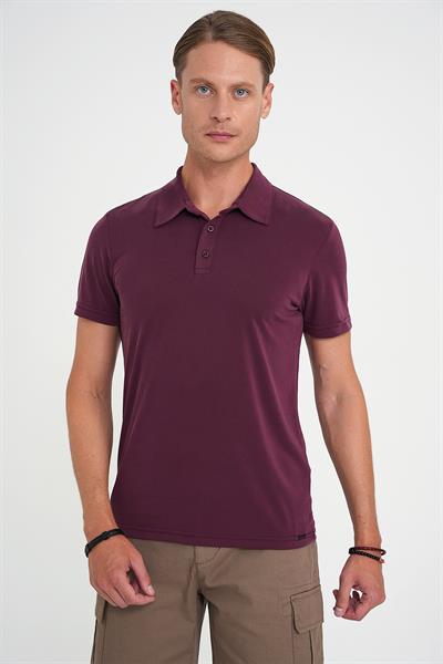 Comfort Fit Polo Yaka Modal Karışım Kısa Kol Casual Mürdüm Tişört Ts 903