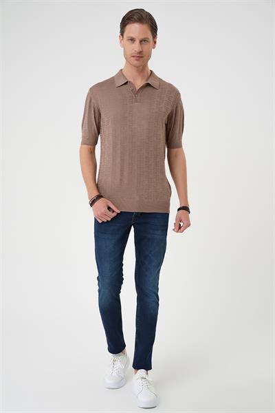 Comfort Fit Polo Yaka Pamuklu Kısa Kol Casual Vizon Triko Tişört Tr 880