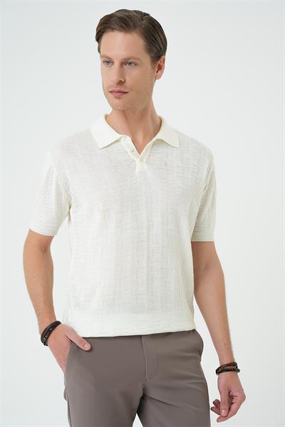 Comfort Fit Polo Yaka Pamuklu Kısa Kol Casual Ekru Triko Tişört Tr 880