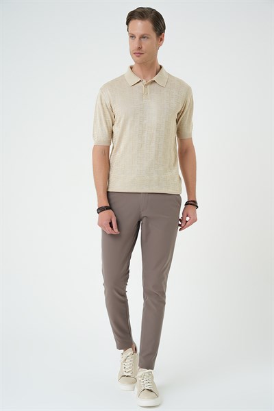Comfort Fit Polo Yaka Pamuklu Kısa Kol Casual Bej Triko Tişört Tr 880