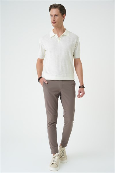 Comfort Fit Polo Yaka Pamuklu Kısa Kol Casual Ekru Triko Tişört Tr 880