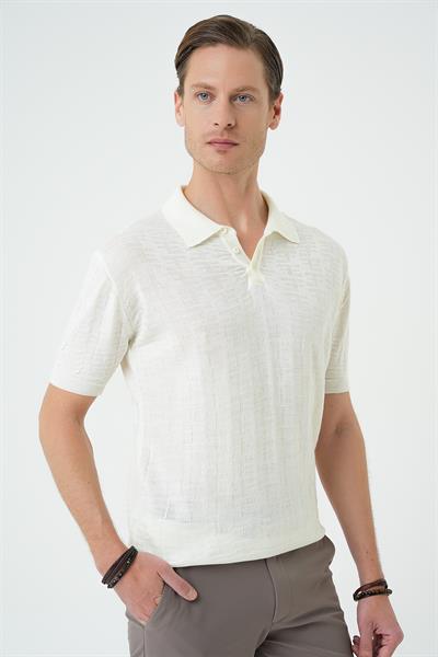 Comfort Fit Polo Yaka Pamuklu Kısa Kol Casual Ekru Triko Tişört Tr 880