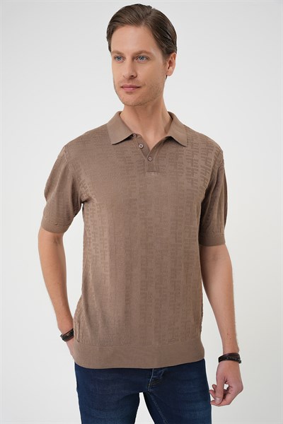 Comfort Fit Polo Yaka Pamuklu Kısa Kol Casual Vizon Triko Tişört Tr 880
