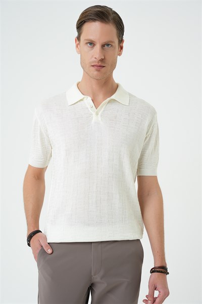 Comfort Fit Polo Yaka Pamuklu Kısa Kol Casual Ekru Triko Tişört Tr 880