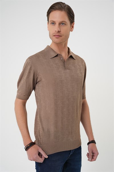 Comfort Fit Polo Yaka Pamuklu Kısa Kol Casual Vizon Triko Tişört Tr 880