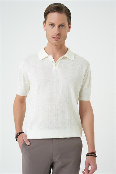 Comfort Fit Polo Yaka Pamuklu Kısa Kol Casual Ekru Triko Tişört Tr 880