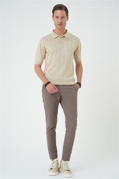 Comfort Fit Polo Yaka Pamuklu Kısa Kol Casual Bej Triko Tişört Tr 880