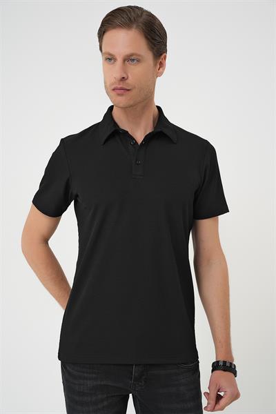 Comfort Fit Polo Yaka Viskon Karışımlı Casual Siyah Tişört Ts 901