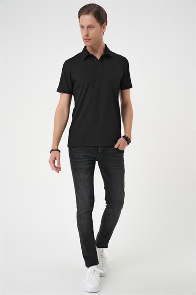 Comfort Fit Polo Yaka Viskon Karışımlı Casual Siyah Tişört Ts 901