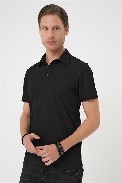 Comfort Fit Polo Yaka Viskon Karışımlı Casual Siyah Tişört Ts 901