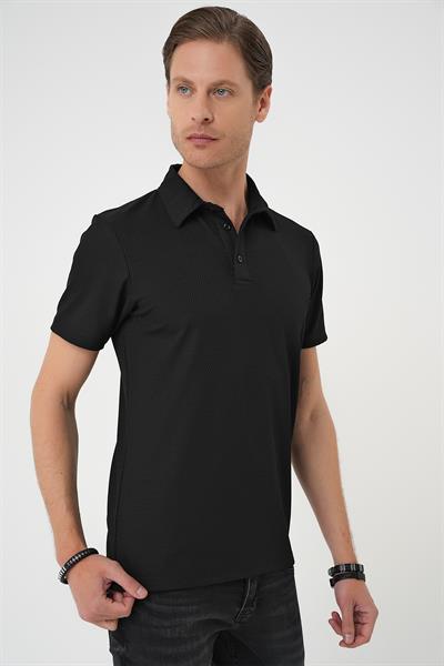 Comfort Fit Polo Yaka Viskon Karışımlı Casual Siyah Tişört Ts 901