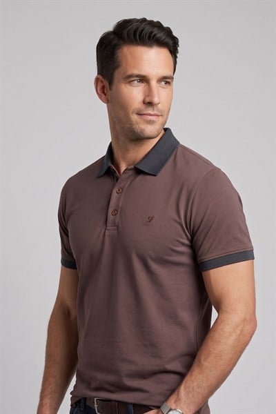 Comfort Fit Rahat Kalıp %100 Pamuk Kıvrılmaz Yaka Lacivert Kahverengi Polo Yaka Tişört TS 931
