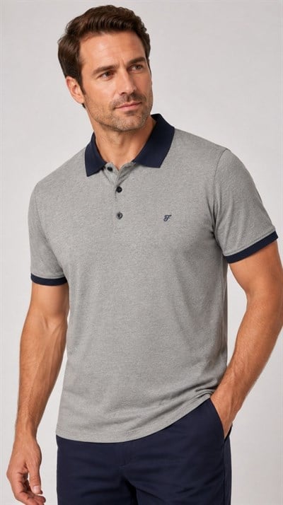 Comfort Fit Rahat Kalıp %100 Pamuk Kıvrılmaz Yaka Bej Lacivert Polo Yaka Tişört TS 931
