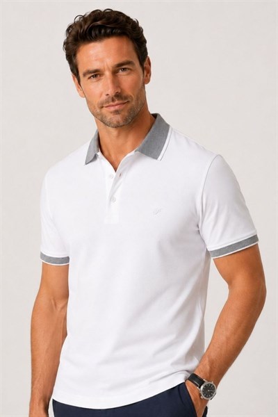 Comfort Fit Rahat Kalıp %100 Pamuk Kıvrılmaz Yaka Beyaz Polo Yaka Tişört TS 931