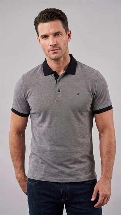 Comfort Fit Rahat Kalıp %100 Pamuk Kıvrılmaz Yaka Gri Siyah Polo Yaka Tişört TS 931