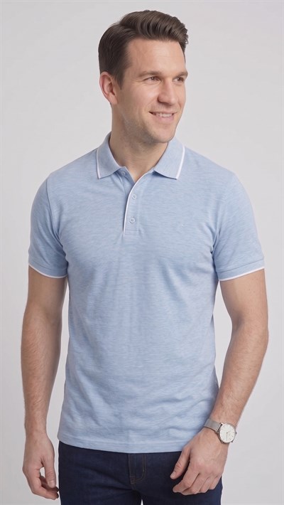 Comfort Fit Rahat Kalıp %100 Pamuk Kıvrılmaz Yaka Mavi Polo Yaka Tişört TS 931