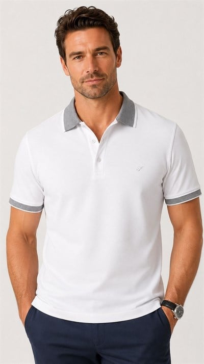 Comfort Fit Rahat Kalıp %100 Pamuk Kıvrılmaz Yaka Beyaz Polo Yaka Tişört TS 931