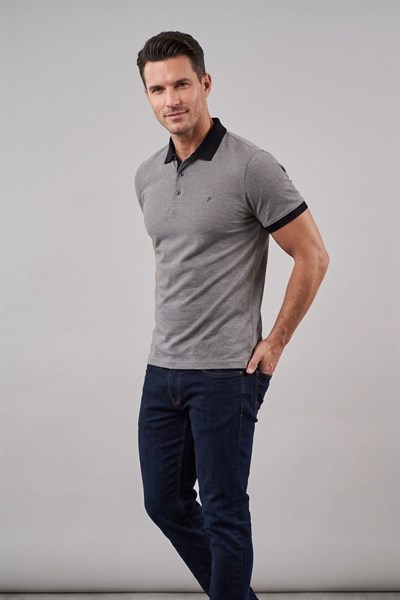 Comfort Fit Rahat Kalıp %100 Pamuk Kıvrılmaz Yaka Gri Siyah Polo Yaka Tişört TS 931