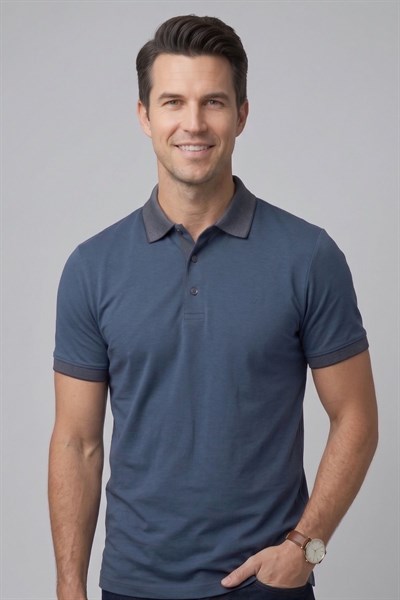 Comfort Fit Rahat Kalıp %100 Pamuk Kıvrılmaz Yaka İndigo Lacivert Polo Yaka Tişört TS 931