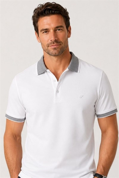 Comfort Fit Rahat Kalıp %100 Pamuk Kıvrılmaz Yaka Beyaz Polo Yaka Tişört TS 931