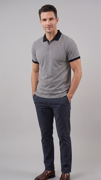 Comfort Fit Rahat Kalıp %100 Pamuk Kıvrılmaz Yaka Gri Siyah Polo Yaka Tişört TS 931