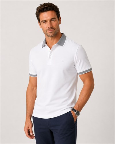 Comfort Fit Rahat Kalıp %100 Pamuk Kıvrılmaz Yaka Beyaz Polo Yaka Tişört TS 931