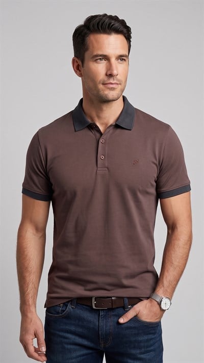 Comfort Fit Rahat Kalıp %100 Pamuk Kıvrılmaz Yaka Lacivert Kahverengi Polo Yaka Tişört TS 931