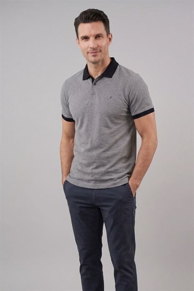 Comfort Fit Rahat Kalıp %100 Pamuk Kıvrılmaz Yaka Gri Siyah Polo Yaka Tişört TS 931