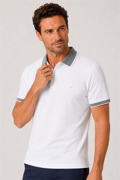 Comfort Fit Rahat Kalıp %100 Pamuk Kıvrılmaz Yaka Beyaz Polo Yaka Tişört TS 931