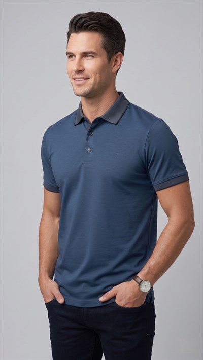 Comfort Fit Rahat Kalıp %100 Pamuk Kıvrılmaz Yaka İndigo Lacivert Polo Yaka Tişört TS 931