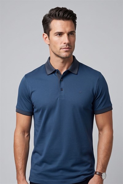 Comfort Fit Rahat Kalıp %100 Pamuk Kıvrılmaz Yaka İndigo Lacivert Polo Yaka Tişört TS 931