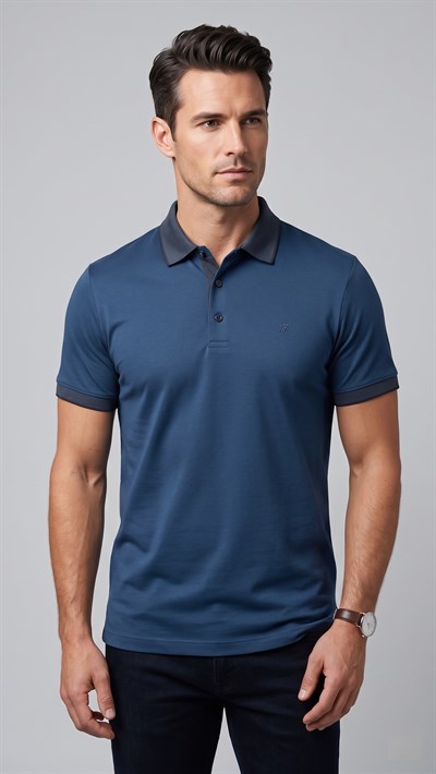 Comfort Fit Rahat Kalıp %100 Pamuk Kıvrılmaz Yaka İndigo Lacivert Polo Yaka Tişört TS 931