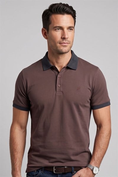 Comfort Fit Rahat Kalıp %100 Pamuk Kıvrılmaz Yaka Lacivert Kahverengi Polo Yaka Tişört TS 931